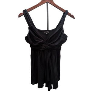 (NWOT) Express Ruched Knot Wrap V-Neck Babydoll Tank Top | Black Sleeveless – XS